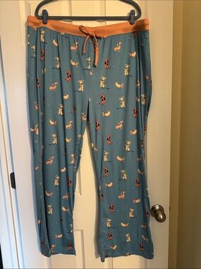 munki munki Teal Dog-Pattern Pajama Pants with Orange Waistband